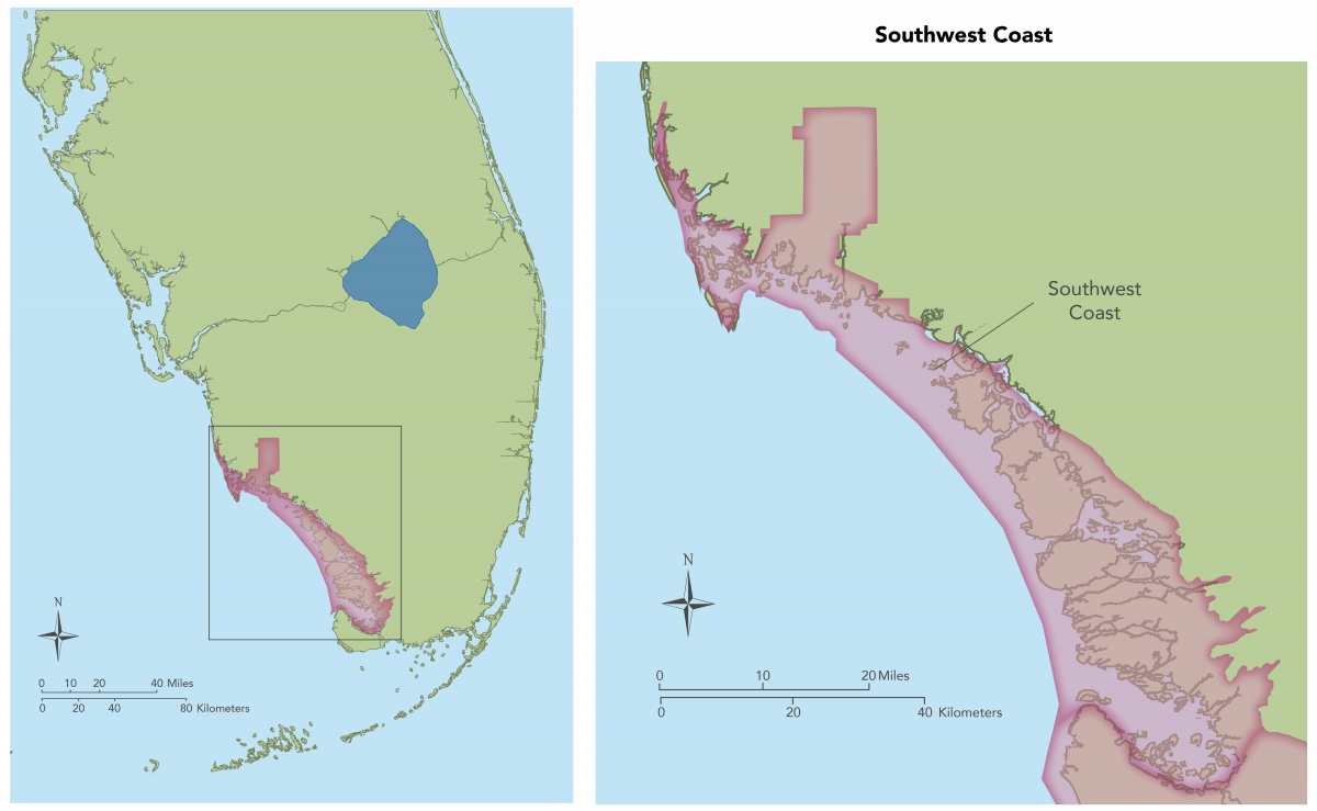 Southwest Coast map showing overview and close up of area